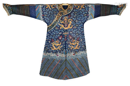 Late Qing dynasty AN EMBROIDERED BLUE GAUZE 'NINE DRAGON' ROBE