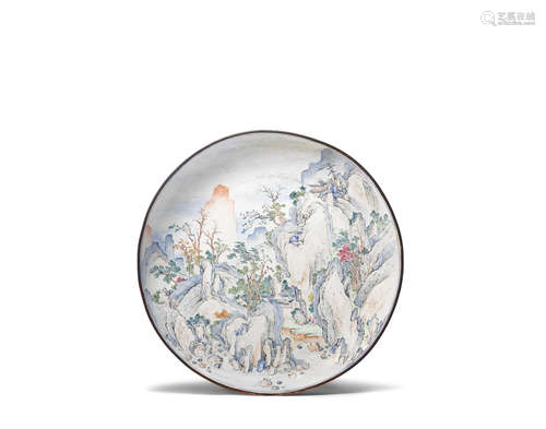 18th century A CANTON ENAMEL 'LOFTY MOUNTAIN LANDSCAPE' DISH