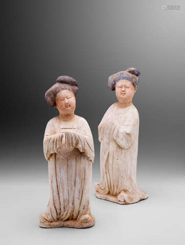 Tang dynasty TWO IMPRESSIVE PAINTED-POTTERY FIGURES OF COURT LADIES