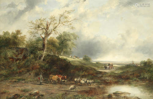 Landscape with figures tending sheep and cattle  Frederick William 'Waters' Watts(British, 1800-1870)