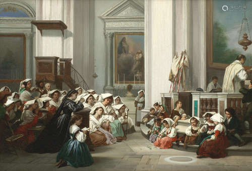 A convent school at mass Attributed to Giuseppe Barison(Italian, 1853-1930)