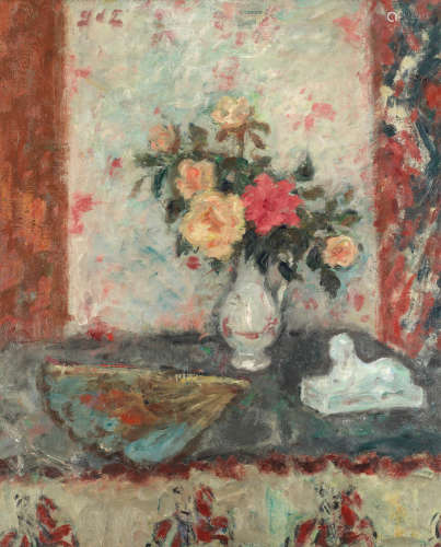 Vase de Roses, éventail et Sphinx GEORGES D'ESPAGNAT(1870-1950)