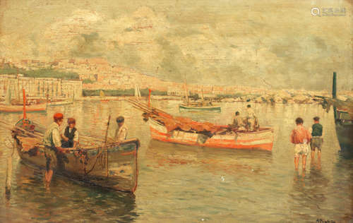 Fishing boats in the bay of Naples; a pair together with a street scene in Naples attributed to the same hand each 22.8 x 34.3cm (9 x 13 1/2in) Attilio Pratella(Italian, 1856-1949)