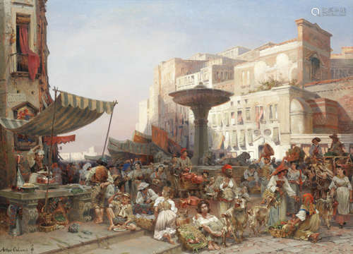 'Vue d'une place de marché, Vico del Porto, Naples'  Jean-Baptiste-Arthur Calame(Swiss, 1843-1919)