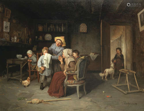 Off to school, an interior scene with mother, children and grandmother Charles Bertrand d'Entraygues(French, 1850-1929)