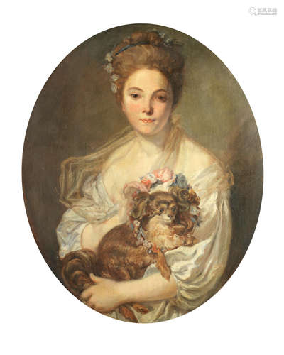 Portrait of a young lady with a toy spaniel painted area (oval) 71.1 x 58.4cm (28 x 23in); stretcher 81.3 x 64.7cm (32 x 25 1/2in) Marie Félix Hippolyte-Lucas(French, 1854-1925)