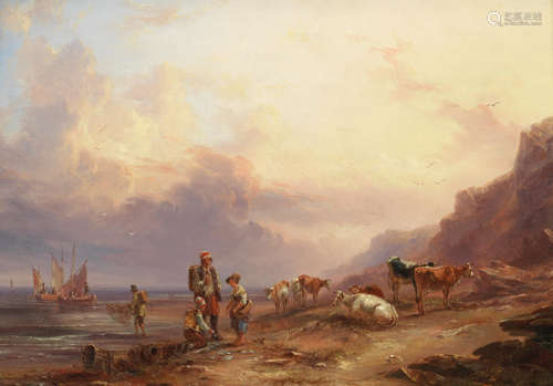 Fisherfolk and cattle on the seashore; A mountainous landscape, a pair (2) Samuel Williamson(British, 1792-1840)