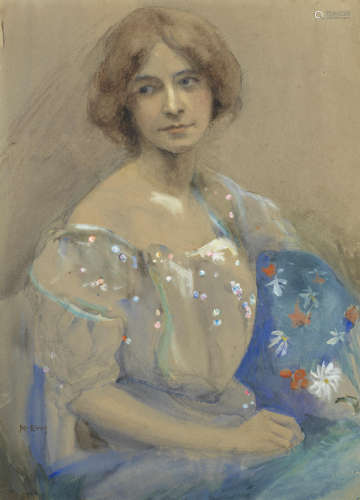 Portrait of a woman with a blue shawl Ambrose McEvoy(British, 1878-1927)
