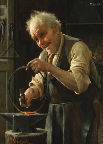 A cheerful blacksmith  Pompeo Massani(Italian, 1850-1920)