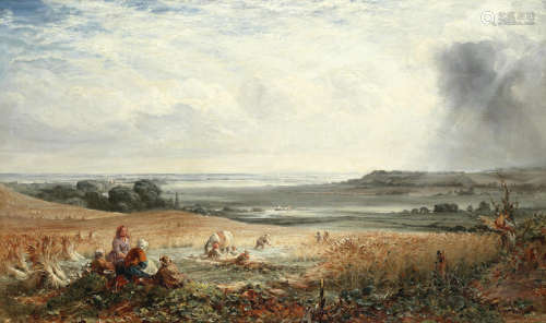 An extensive landscape with figures bringing in the harvest  William Gosling(British, 1824-1883)