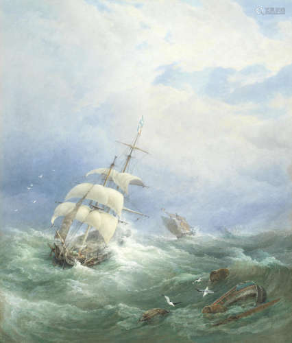 Ships in a heavy swell  Edward Duncan, R.W.S.(British, 1803-1882)