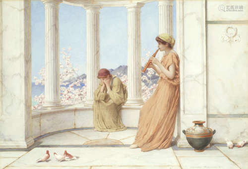 Classical maidens on the terrace, one playing an aulos  Henry Ryland(British, 1856-1924)