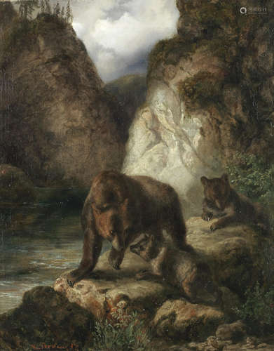 A family of bears at a rocky creek Karl Wilhelm Tornau(1820-1864)