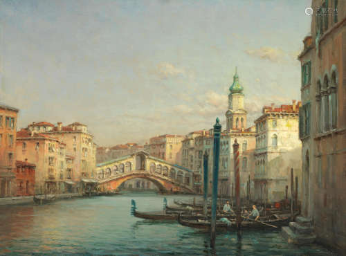 Gondoliers before the Rialto bridge, Venice Antoine Bouvard(French, 1870-1956)