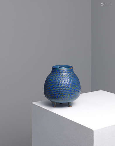 Blue Lidded Pot (1976)  16.5 x 14 x 14cm (6 1/2 x 5 1/2 x 5 1/2in). Siddig El Nigoumi(Sudan 1931-1996)