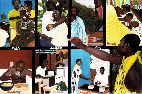 'The Seven Sins of Man' and 'Witches Camp' 81 x 121cm (31 7/8 x 47 5/8in) each. Almighty God(Ghanaian, born 1950)