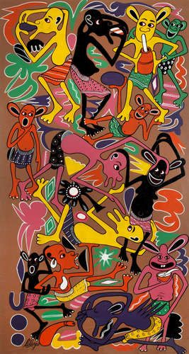 'Man Wears Glasses To See His Relatives' and 'Every Body Eats His Own Food' 128 x 70cm (50 3/8 x 27 9/16in) each. George Lilanga di Nyama(Tanzanian, 1934-2005)