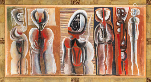 Shaka and his warriors 79 x 140cm (31 1/8 x 55 1/8in) including artist's frame. Cecil Edwin Frans Skotnes(South African, 1926-2009)