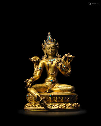 TIBET, CIRCA 14TH CENTURY  A GILT COPPER ALLOY FIGURE OF PADMAPANI