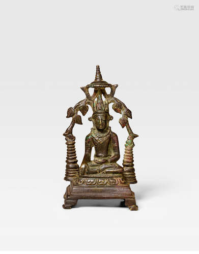 NORTHEASTERN INDIA, KURKIHAR, CIRCA 11TH CENTURY A COPPER ALLOY SHRINE TO CROWNED BUDDHA