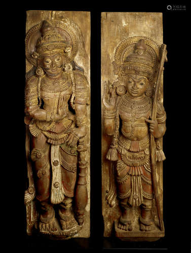 KERALA, CIRCA 18TH CENTURY TWO WOOD RELIEF PANELS OF HEROES FROM THE RAMAYANA