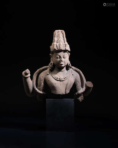 NORTH INDIA, 9TH CENTURY  A SANDSTONE BUST OF VISHNU