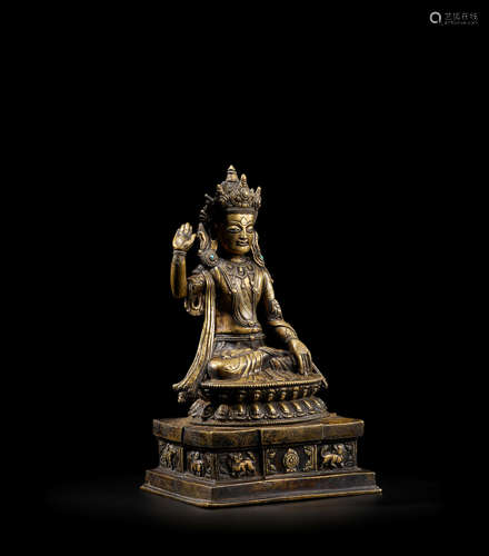 TIBET, CIRCA 15TH CENTURY A SILVER INLAID BRASS FIGURE OF NAMPAR GYALWA