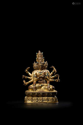 TIBET, CIRCA 14TH CENTURY A GILT COPPER ALLOY FIGURE OF KUNZANG GYALWA DUPA