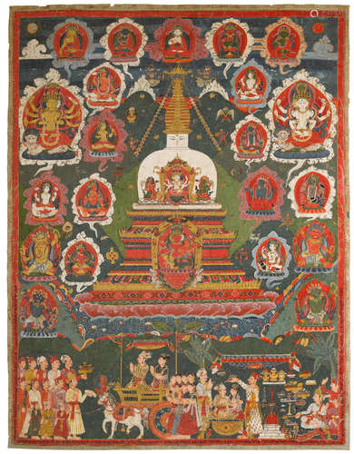 NEPAL, DATED 1795 CE A PAUBHA DEPICTING AN USHNISHAVIJAYA CHAITYACOMMEMORATING A BHIMARATHA CEREMONY 