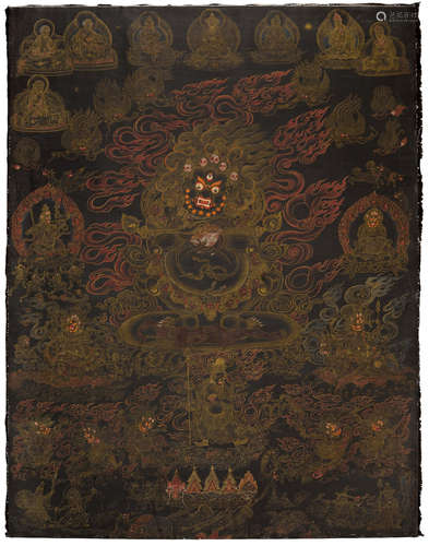 TIBET, 19TH CENTURY  A SATIN BLACKGROUND THANGKA OF PANJARNATA MAHAKALA