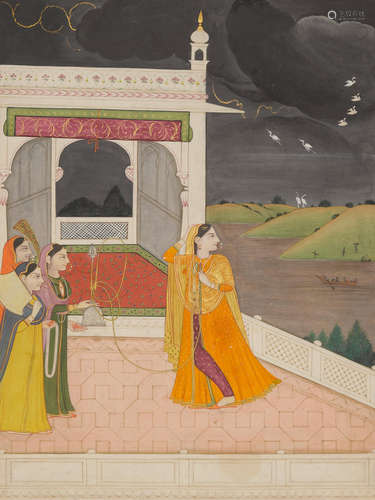 KANGRA, 1810-1820 AN ILLUSTRATION FROM A BARAMASA SERIES: COURTESANS ENJOYING THE ARRIVAL OF THE MONSOON