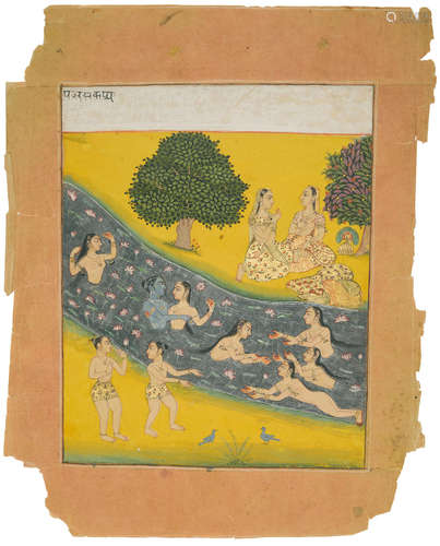 BIKANER, CIRCA 1680 AN ILLUSTRATION FROM A RASIKAPRIYA SERIES: KRISHNA AND THE GOPIS IN THE YAMUNA RIVER