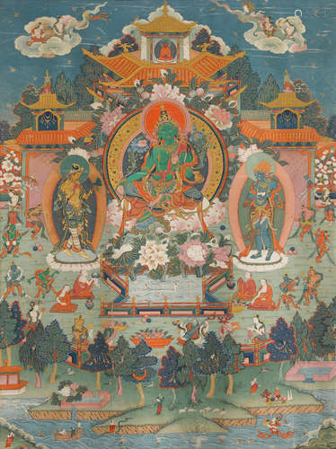 TIBET, 19TH CENTURY A THANGKA OF GREEN TARA IN HER PURE LAND