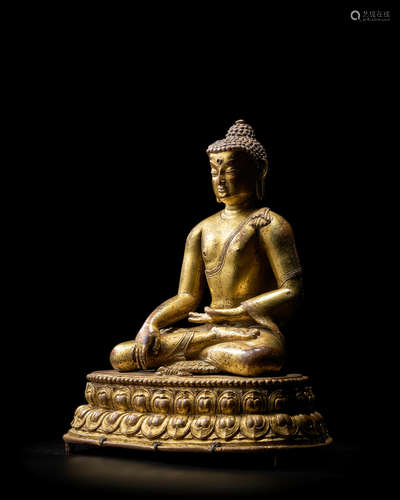 NEPAL, KHASA MALLA KINGDOM, 13TH/14TH CENTURY A GILT COPPER ALLOY FIGURE OF SHAKYAMUNI 