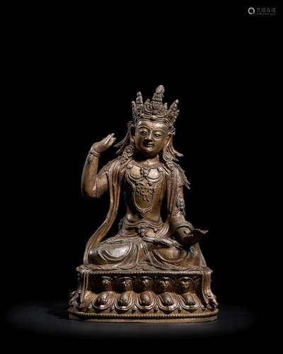 MING DYNASTY, CIRCA 15TH CENTURY A GILT LACQUERED COPPER ALLOY FIGURE OF NAMPAR GYALWA