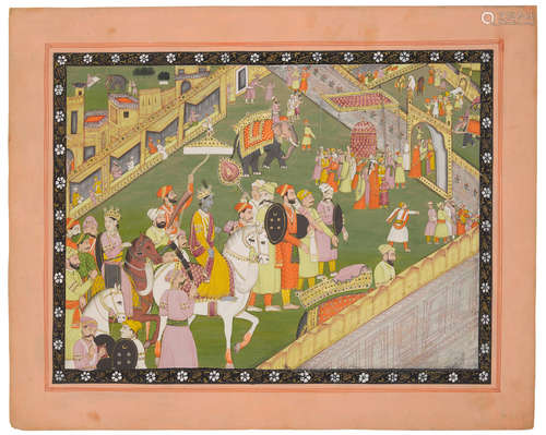 KANGRA, CIRCA 1840-50  AN ILLUSTRATION TO A BHAGAVATA PURANA SERIES: KRISHNA AND BALARAMA ARRIVE AT DWARKA