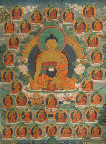 TIBET, 19TH CENTURY A THANGKA OF SHAKYAMUNI AND THE THIRTY-FIVE CONFESSION BUDDHAS