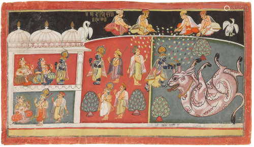 MEWAR, CIRCA 1800 AN ILLUSTRATION FROM A BHAGAVATA PURANA SERIES: KRISHNA SUBDUES THE BULL DEMON ARISTASURA