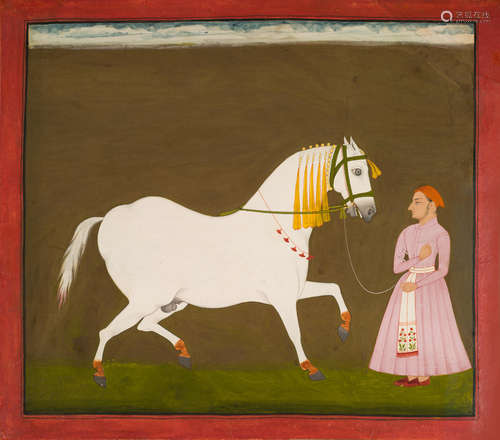 MEWAR, CIRCA 1760  A PRIZED WHITE STALLION AND GROOM