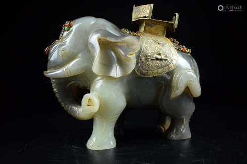 JADE CARVED ELEPHANT WITH GILT DECORATIONS