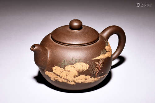 YIXING ZISHA 'LANDSCAPE SCENERY & CALLIGRAPHY' TEAPOT