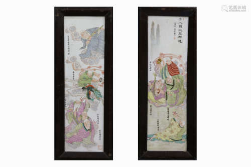 PAIR OF FAMILLE ROSE 'LUOHAN' PLAQUES