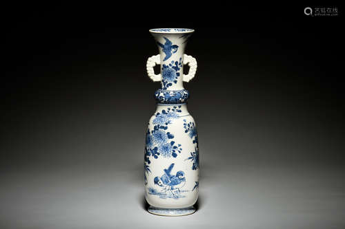 BLUE AND WHITE 'FLOWERS AND BIRDS' BOTTLE VASE