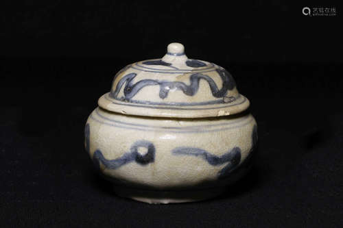 BLUE AND WHITE ROUND JAR WITH COVER