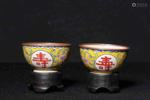 PAIR OF CLOISONNE ENAMELED 'SHOU' CUPS WITH STANDS