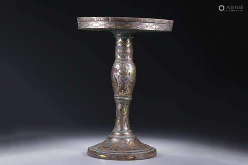 GILT AND SILVER INLAID BRONZE OIL LAMP