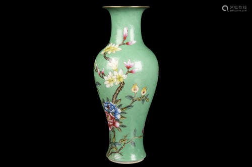 FAMILLE ROSE GREEN GLAZED 'FLOWERS' VASE