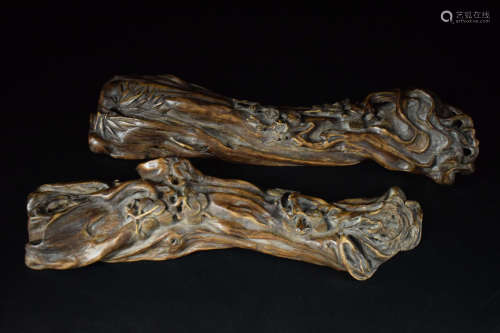 TWO VIETNAMESE AGARWOOD CARVED PAPER WEIGHTS