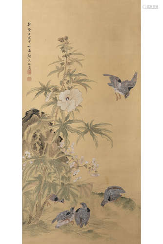 SHEN SHUAN: INK AND COLOR ON SILK PAINTING 'FLOWERS AND BIRDS'