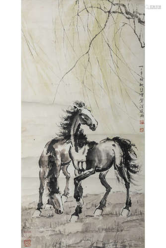 XU BEIHONG: INK AND COLOR ON PAPER PAINTING 'HORSES'